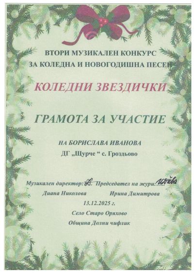 Грамоти, награди и сертификати 2025-2026 година - ДГ Щурче - Гроздьово